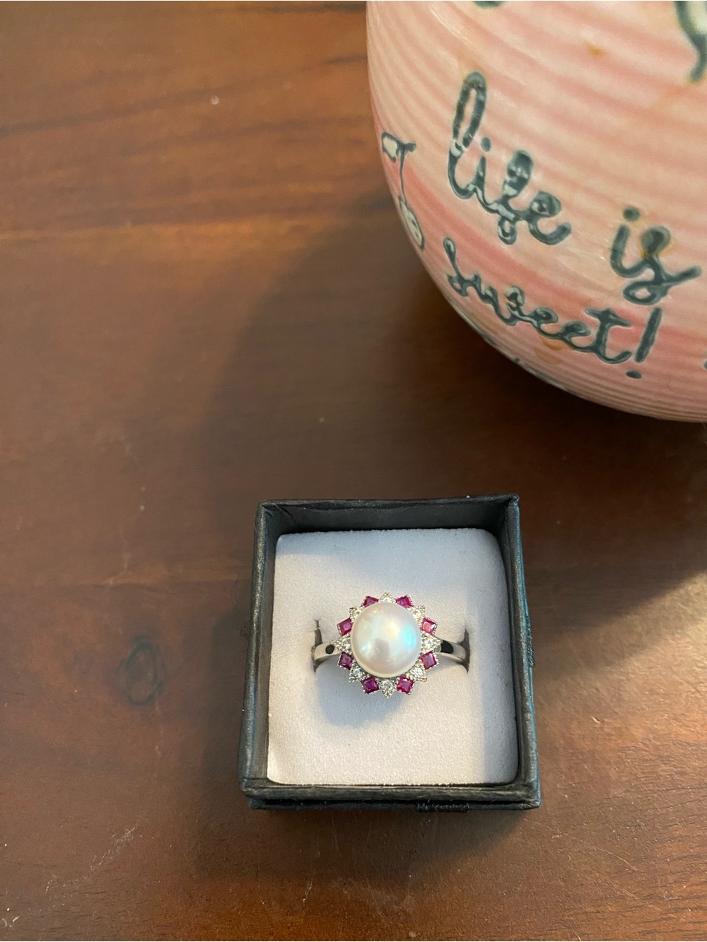 Sterling Pearl Ring with Pink and CZ Gem Halo